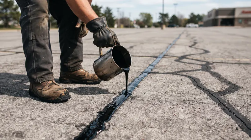 Worker pouring hot rubberized crack sealant into a long crack in an asphalt parking lot